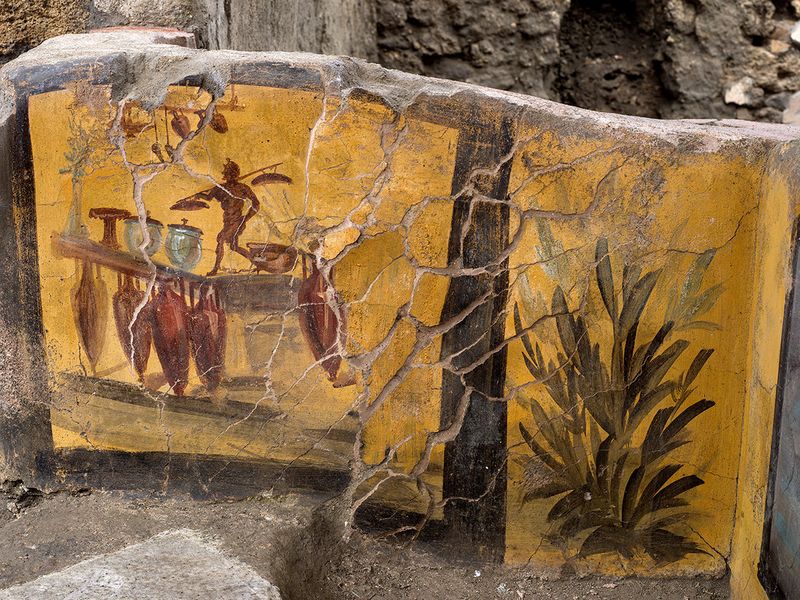 A fresco on an ancient counter uncovered during excavations in Pompeii. 