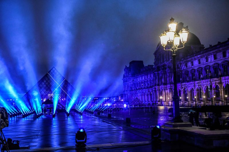 A picture shows a general view of the stage set up for French DJ David Guetta's 2021 New Year's eve livestream charity concert 