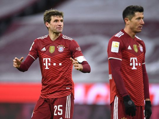 Bayern Munich's Thomas Muller and Robert Lewandowski after the loss to Gladbach