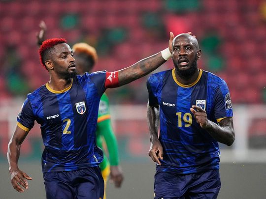 Cape Verde's Dylan Tavares, right, celebrates his goal with captain Stopira 