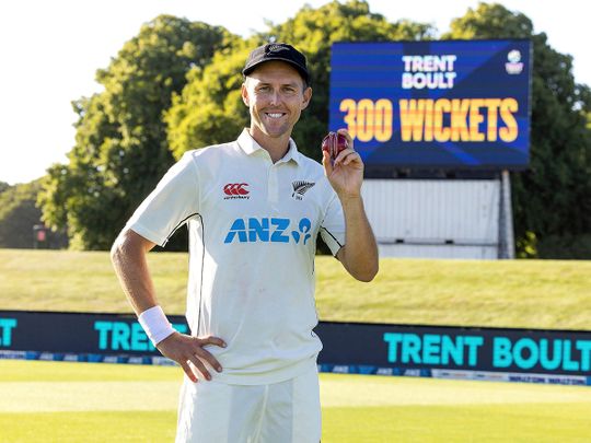 Trent Boult of New Zealand celebrates his 300th Test wicket 