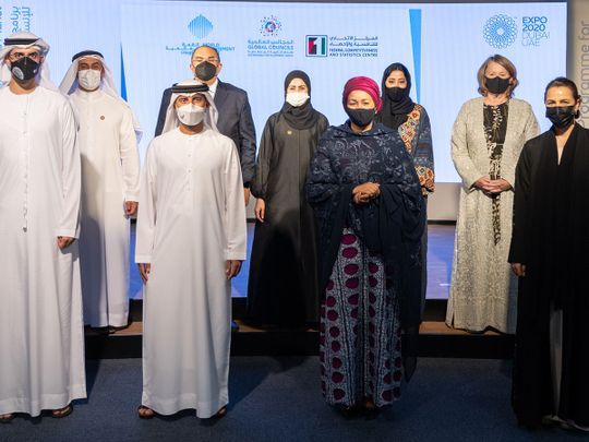 UAE ministers and members of Global Councils for UN Sustainable Development Goals at Global Goals Week at Sustainability Pavilion at Expo 2020 Dubai on Saturday 