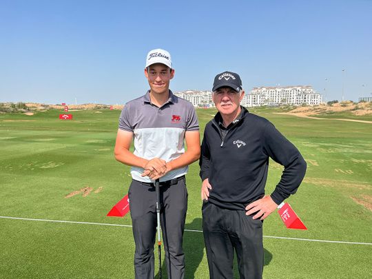 Peter Cowen with Dubai resident Josh Hill at Yas Links ahead of the Abu Dhabi HSBC Championship