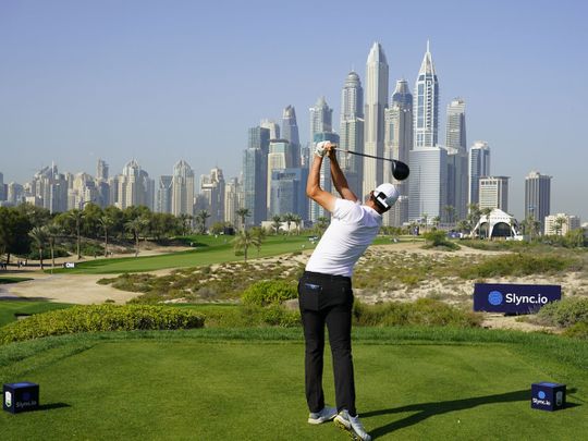 Josh Hill on the eighth tee during his second round at the Slync.io Dubai Desert Classic