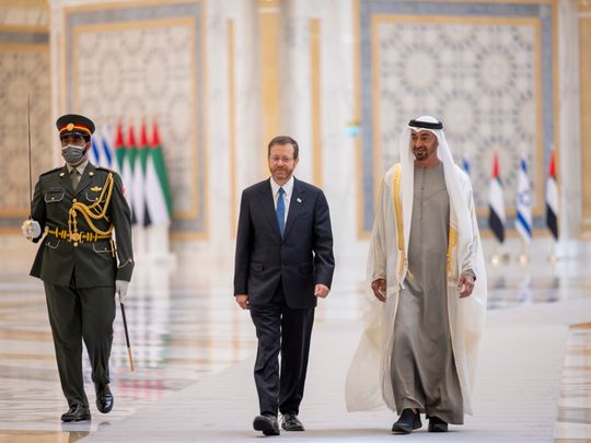 His Highness Sheikh Mohamed bin Zayed Al Nahyan (R) and President of Israel Isaac Herzog (L)