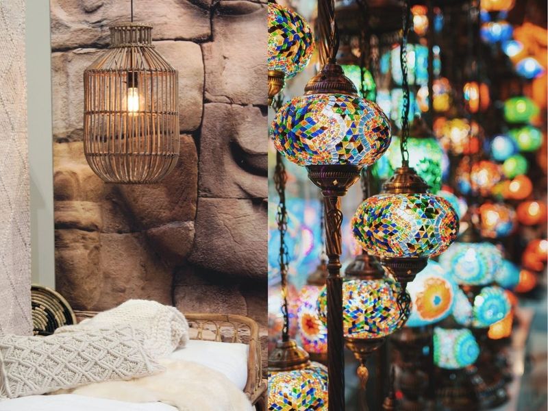 Collage of lamps Bohemian interior design 