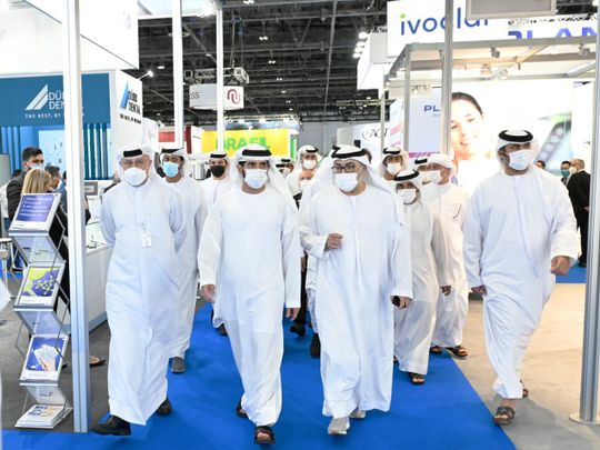 Sheikh Hamdan bin Mohammed bin Rashid Al Maktoum (second from left) touring AEEDC Dubai2022 on Tuesday at Dubai World Trade Centre