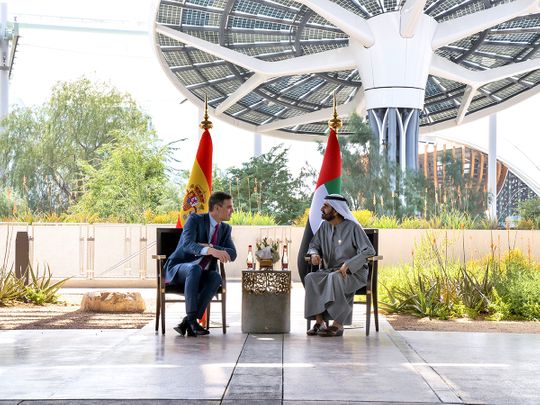 Sheikh Mohammed bin Rashid Al Maktoum (R) with Pedro Sanchez (L), Prime Minister of Spain, at Expo 2020 Dubai on Wednesday