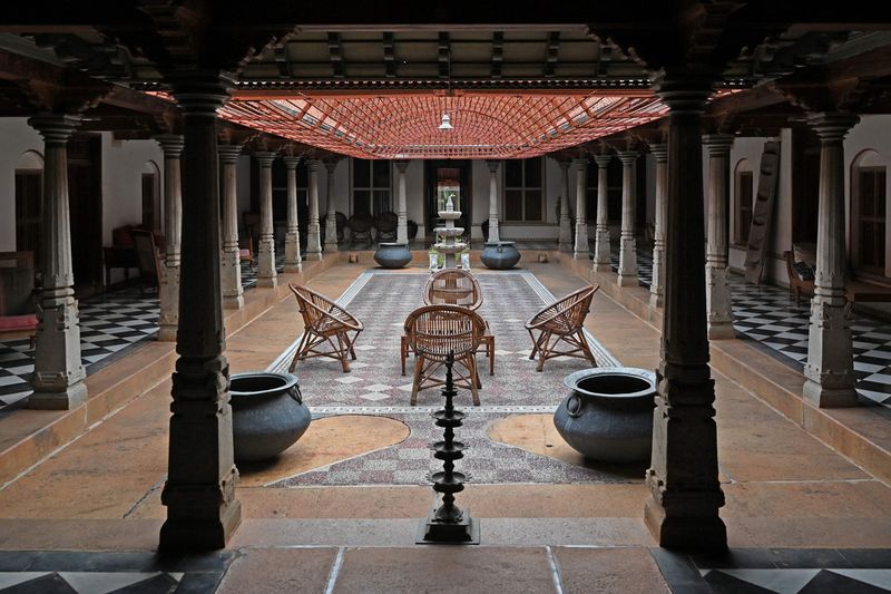 A courtyard at Saratha Vilas Chettinad mansion is seen at Kothamangalam village in Tamil Nadu. 