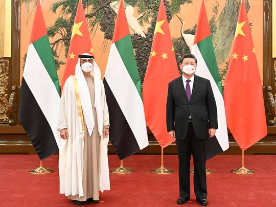 Sheikh Mohamed bin Zayed (L) with Xi Jinping (R), President of China in Beijing on Saturday