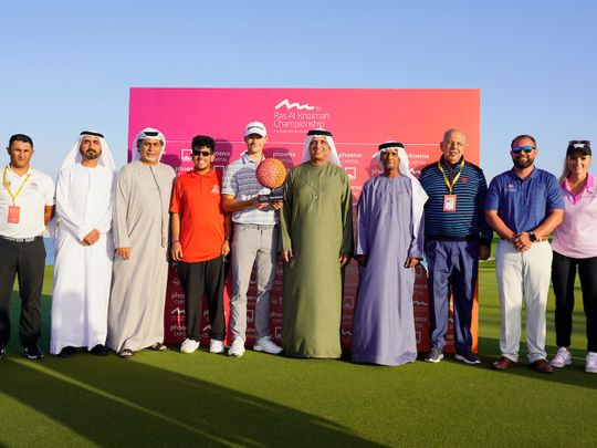 Nicolai Hojgaard won last week's Ras Al Khaimah Championship  alongside Sheikh Saud bin Saqr Al Qasimi, Ruler of RAK, and Sheikh Fahim Al Qasimi, Chairman of the Emirates Golf Federation along representatives of the Emirates Golf Federation