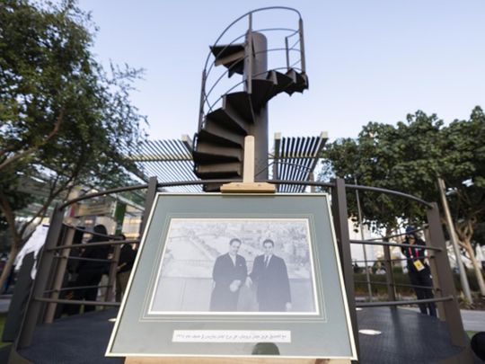 Visitors to Al Forsan Park at Expo 2020 Dubai can now see a section of the original staircase of the Eiffel Tower in Paris. In the foreground is a photo of renowned Emirati poet, author, philosopher and explorer Mohammed Saleh Al Gurg, who passed away on November 8, 2020. The project at Expo is he project at Expo 2020 Dubai is dedicated to Mohammed Saleh Al Gurg