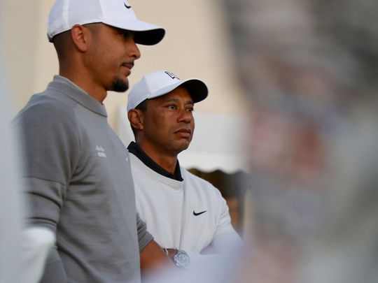 Tournament host Tiger Woods looks on from the first tee of the Genesis Invitational at Riviera Country Club 