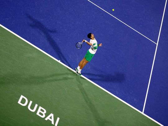 Novak Djokovic in action against Russian Karen Khachanov at the Dubai Duty Free Tennis Championships