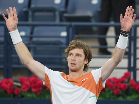 Russia's Andrey Rublev celebrates after he beats Korea's Kwon Soon-woo at the Dubai Duty Free Tennis Championships