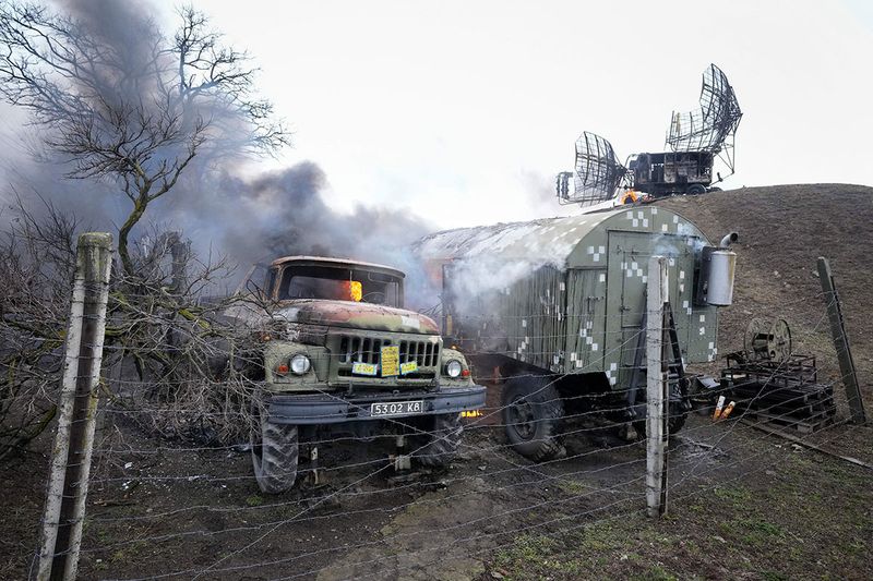 Damaged radar arrays and other equipment is seen at Ukrainian military facility outside Mariupol, Ukraine.