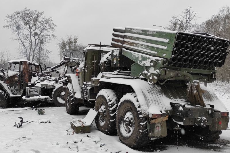 A view shows destroyed Russian Army multiple rocket launchers with the letter 
