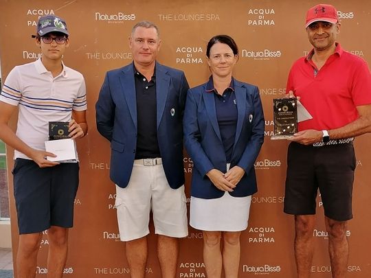 The Jumeirah Pairs winners Damien and Sarwant Saini, with JGE captains Steve Drake  and Sheila McIlroy 