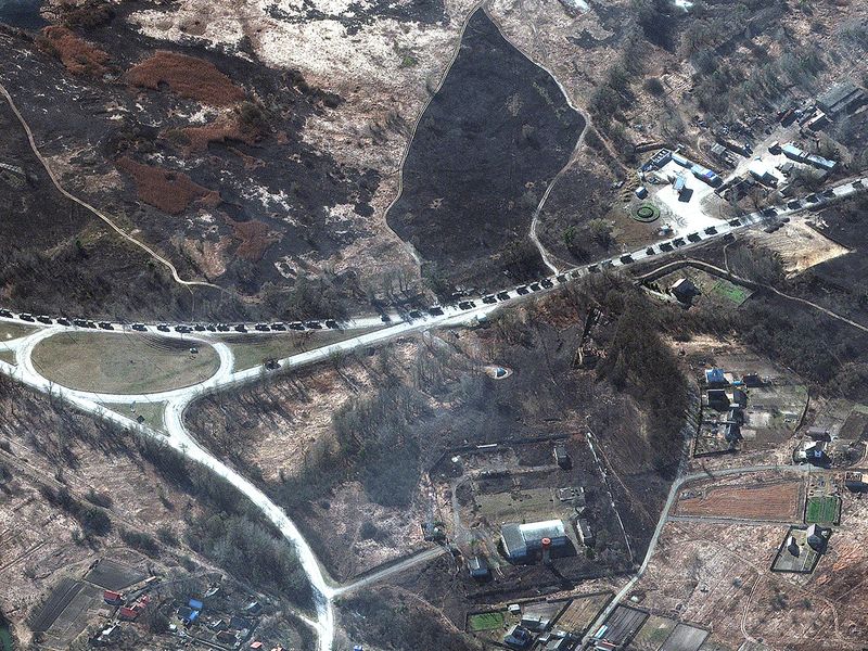 This satellite image shows part of a military convoy in southern Ivankiv, Ukraine. 