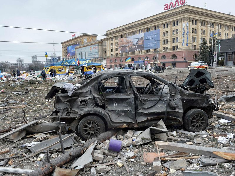A view of the square outside the damaged local city hall of Kharkiv, destroyed as a result of Russian troop shelling.  