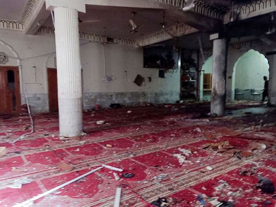 A general view of the prayer hall after a bomb blast inside a mosque during Friday prayers in Peshawar, on March 4, 2022. 
