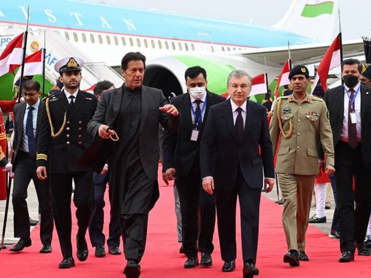 Pakistan Prime Minister Imran Khan welcomes Uzbekistan President Shavkat Mirziyoyev in Islamabad.