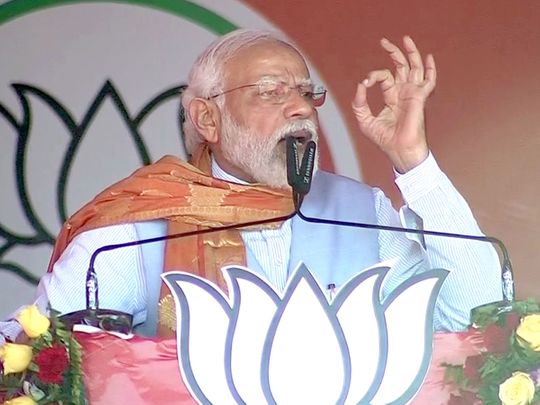 Prime Minister Narendra Modi addresses a public rally for the seventh phase of Uttar Pradesh Election2022, in Chandauli on Thursday. 