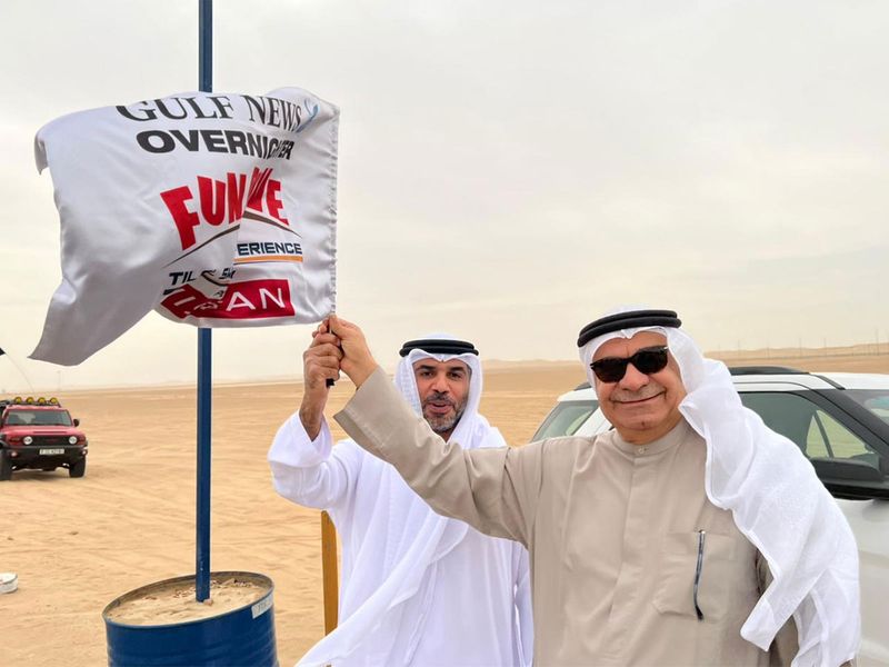 Abdul Hamid Ahmad, Editor-in-Chief and CEO of Gulf News (right) with Humaid Matar Al Dhaheri CEO, ADNEC, flag off the mega desert adventure! 