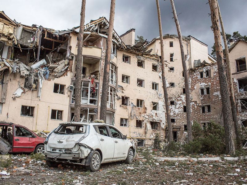 An apartment building damaged following a shelling on the town of Irpin, 26 kilometers west of Kyiv, Ukraine. 
