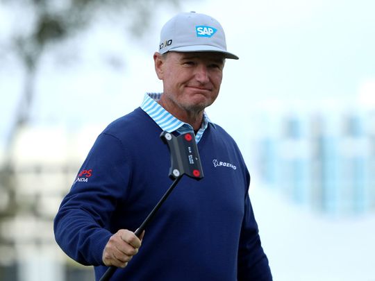 Ernie Els after making a birdie on the 18th green during round two of the Hoag Classic at Newport Beach 
