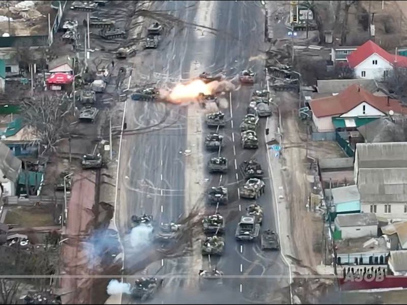 Tanks are seen being destroyed on the outskirts of Brovary, Ukraine
