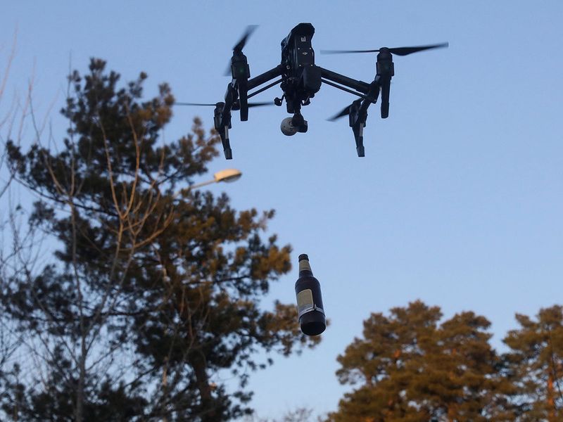 A flying drone developed by members of the Ukrainian Territorial Defence Forces to drop Molotov cocktails is pictured, in Kyiv.  