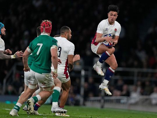 England's Marcus Smith catches the ball during the Six Nations rugby union match between England and Ireland 