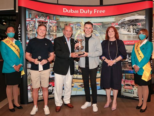 Dubai Duty Free Executive Vice Chairman & CEO, Colm McLoughlin with Corey Ferguson, winner of the Dubai Duty Free – Mark Fahy Memorial Golf Tournament