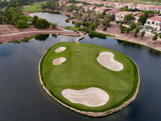 The notorious 17th hole on the Earth Course at Jumeirah Golf Estates in Dubai