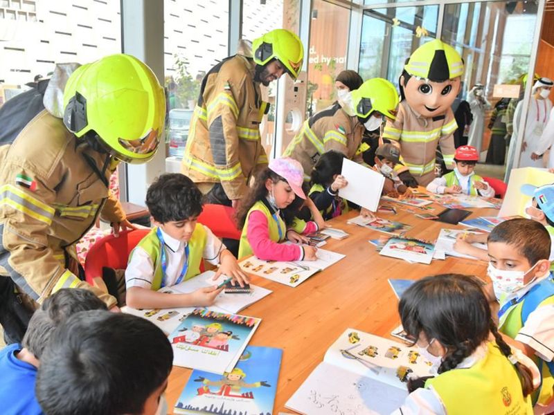 Dubai Civil Defence with children at Expo on Emirati Children's Day 2022