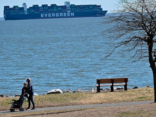 The container ship Ever Forward, which ran aground in the Chesapeake Bay off the coast near Pasadena. 