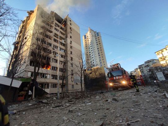 A view shows a residential building damaged by shelling, in Kyiv, Ukraine. 