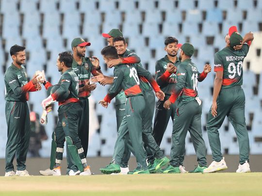 Bangladesh players celebrate their victory over South Africa 