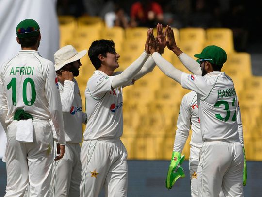 Pakistan's Naseem Shah after bowling out Australia's Nathan Lyon 