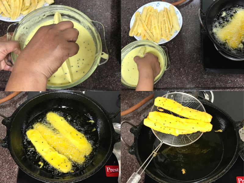 Deep frying the plantains