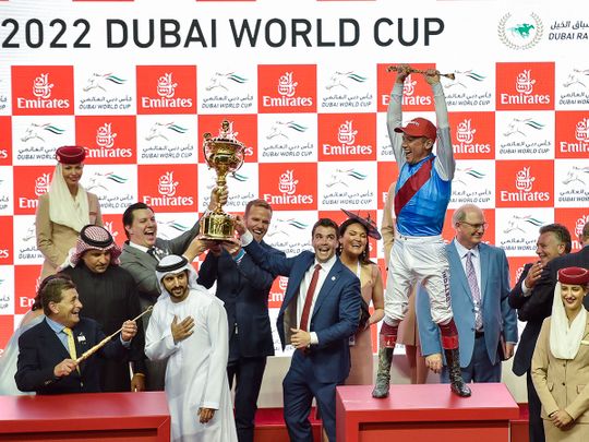 Sheikh Hamdan bin Mohammed bin Rashid Al Maktoum, Crown Prince of Dubai, presenting trophies after Country Grammer wins Dubai World Cup 2022 and winning jockey Frankie Dettori goes wild