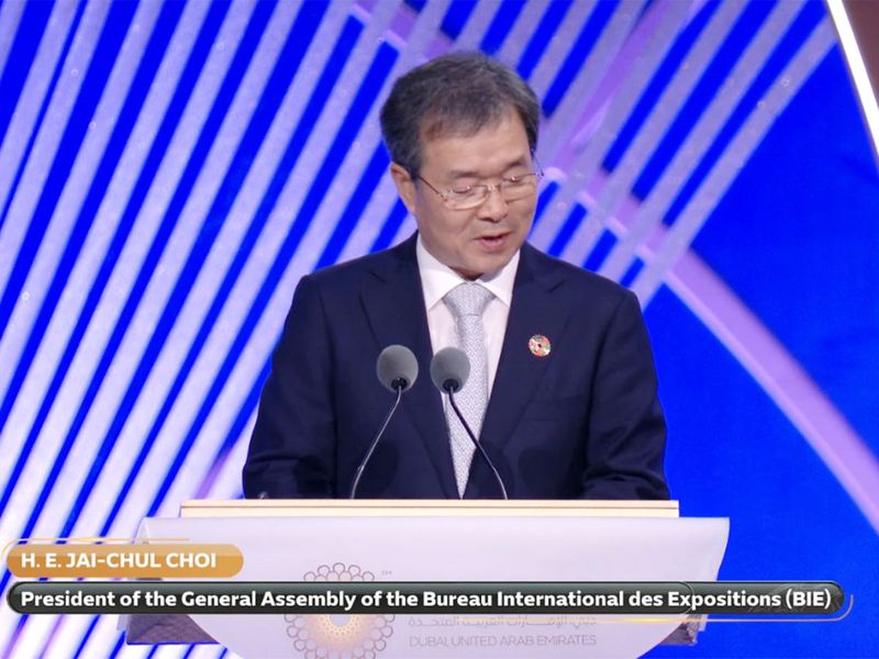 Jai-Chul Choi, President of the General Assembly of the Bureau International des Expositions (BIE) delivers his speeach at the Expo 2020 Dubai closing ceremony.