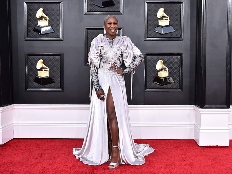 Cynthia Erivo arrives at the 64th Annual Grammy Awards at the MGM Grand Garden Arena.