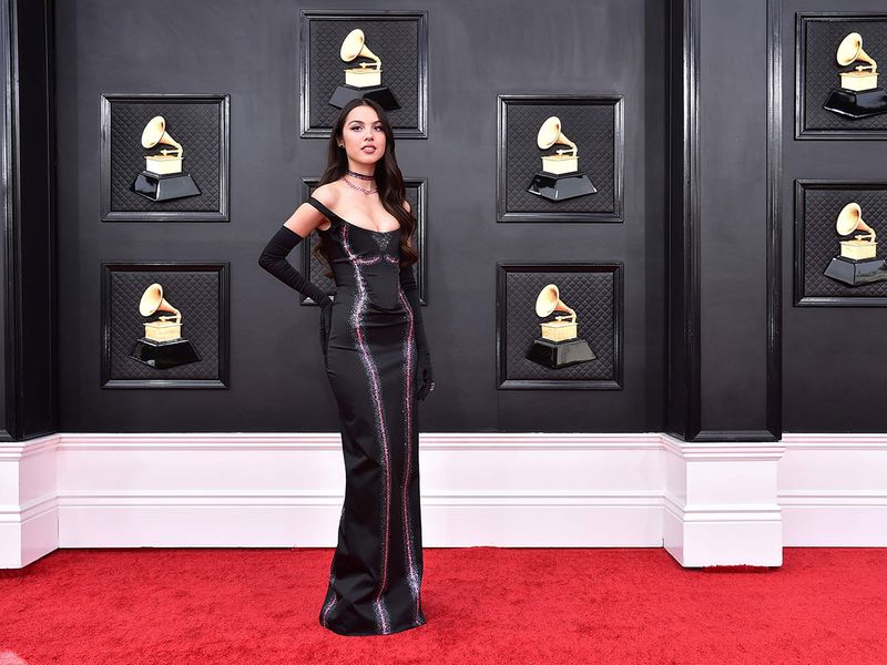 Olivia Rodrigo arrives at the 64th Annual Grammy Awards at the MGM Grand Garden Arena.