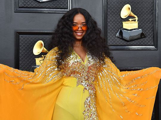 US singer H.E.R. arrives for the 64th Annual Grammy Awards at the MGM Grand Garden Arena in Las Vegas.