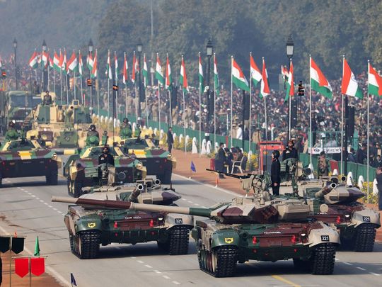 File photo: Indian Army T-90 tanks move along the Rajpath during the Republic Day parade in New Delhi. Bloomberg