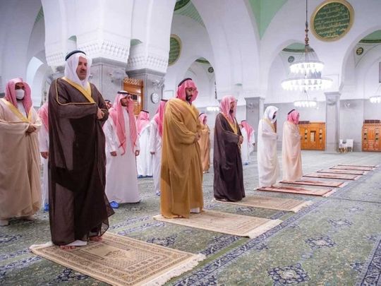 Saudi Arabia’s Crown Prince Mohammed bin Salman at the Quba mosque in Medina.