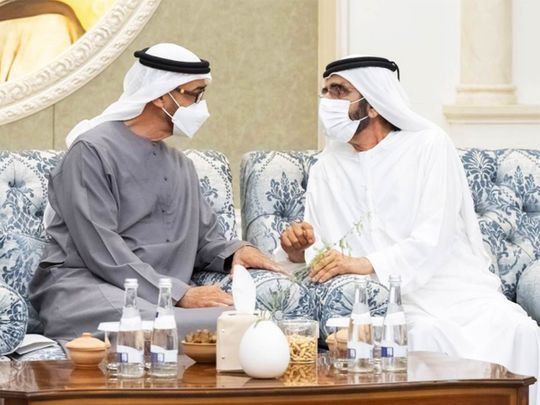 Sheikh Mohamed bin Zayed Al Nahyan with Sheikh Mohammed bin Rashid at  the Al Mushrif Palace in Abu Dhabi on Saturday. 