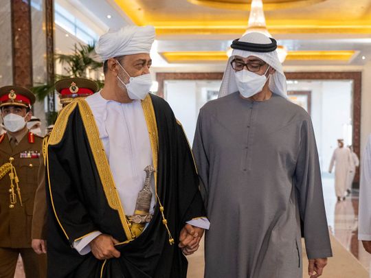 Sheikh Mohamed bin Zayed Al Nahyan with Sultan Haitham bin Tariq bin Taimur Al Said of Oman 